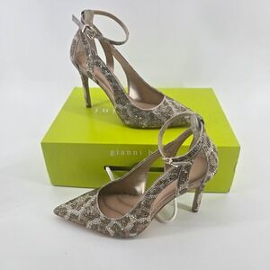 Gianni Bini 9M Leopard Rhinestone Pointed Toe Heels Gold Ankle Strap Worn Once